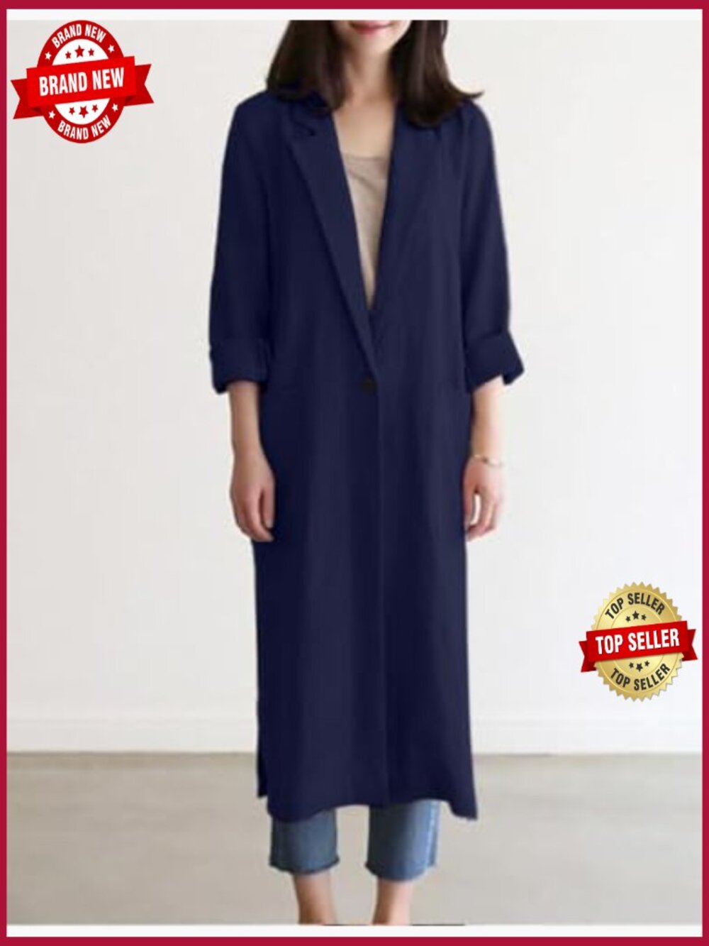 Long Linen Blazer Women Casual Spring Summer Jacket Trench Coat Lightweight - Picture 3 of 4